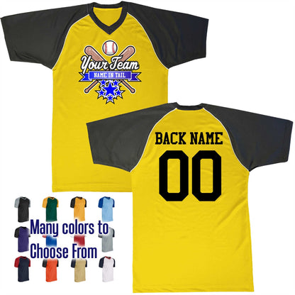 All Star Ribbon Bats Crossed Ball Logo V-Neck Custom Baseball Jersey Customized, Player Names and Numbers, Economical Printed in USA