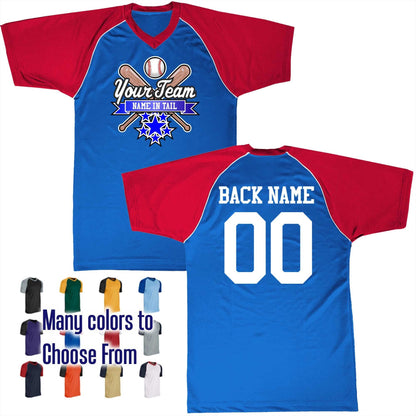 All Star Ribbon Bats Crossed Ball Logo V-Neck Custom Baseball Jersey Customized, Player Names and Numbers, Economical Printed in USA