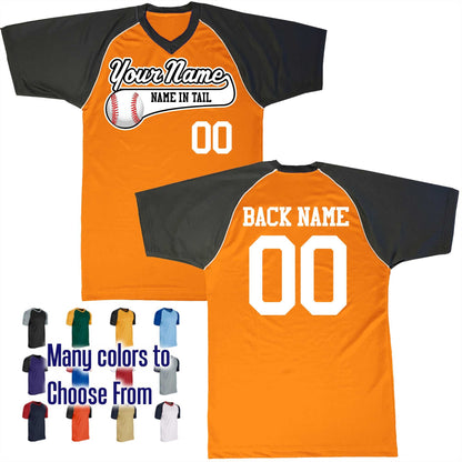 Name in Tail Color Baseball Text Logo V-Neck Custom Baseball Jersey Customized, Player Names and Numbers, Economical Printed in USA