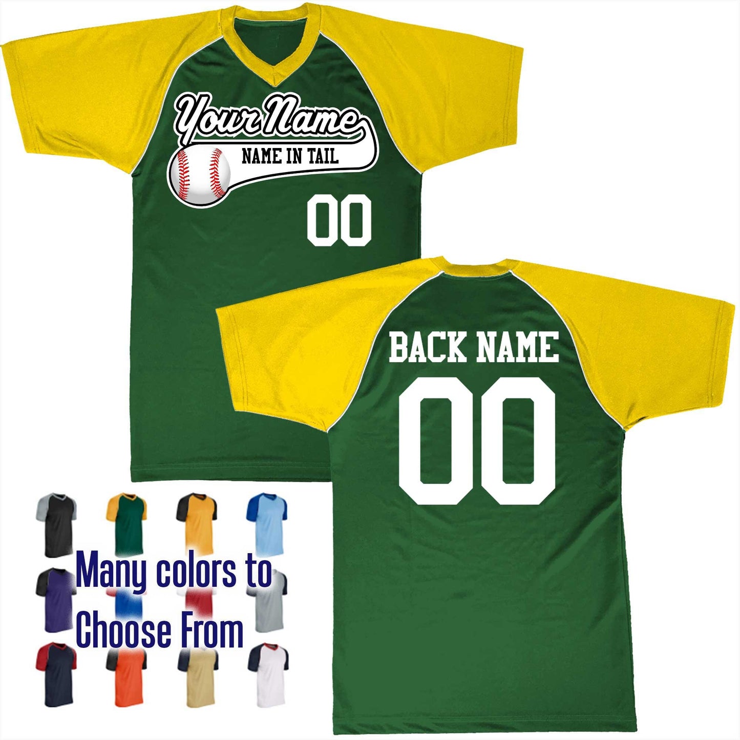 Name in Tail Color Baseball Text Logo V-Neck Custom Baseball Jersey Customized, Player Names and Numbers, Economical Printed in USA