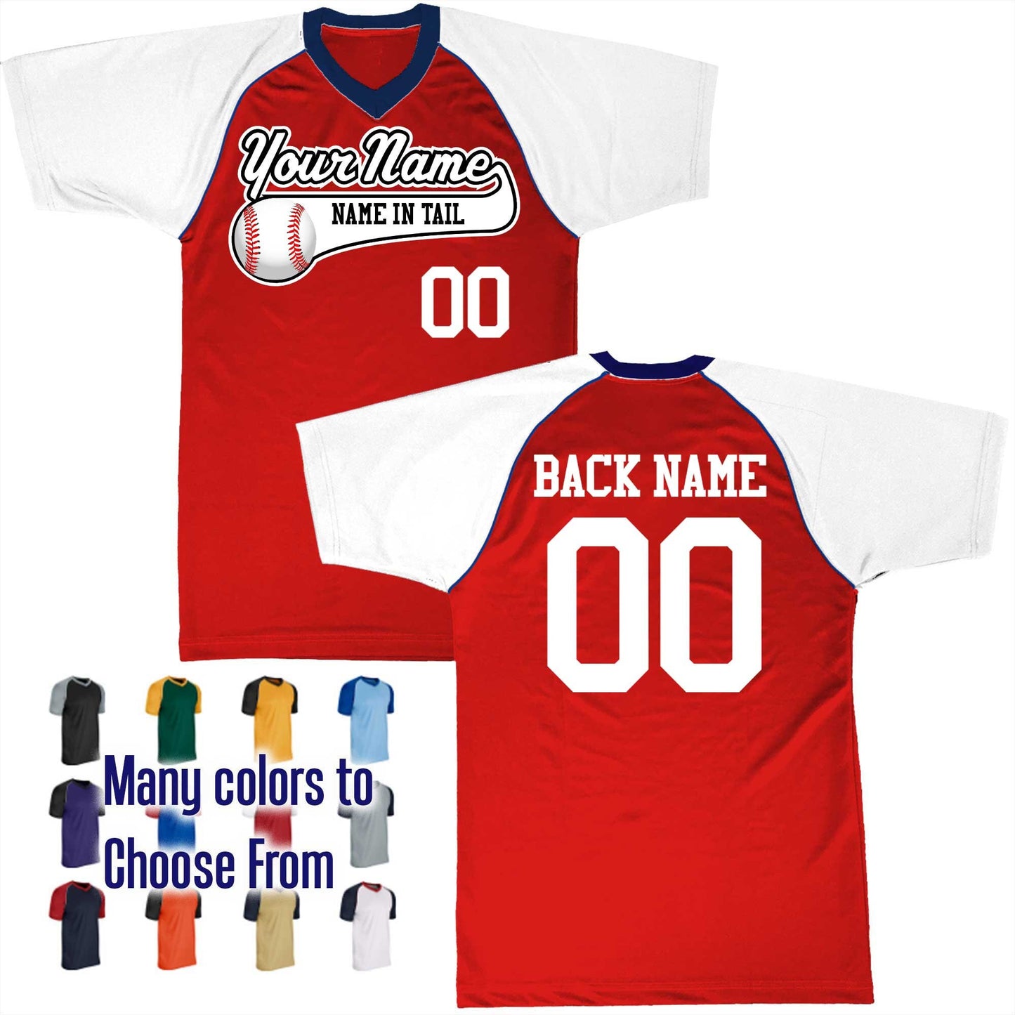 Name in Tail Color Baseball Text Logo V-Neck Custom Baseball Jersey Customized, Player Names and Numbers, Economical Printed in USA