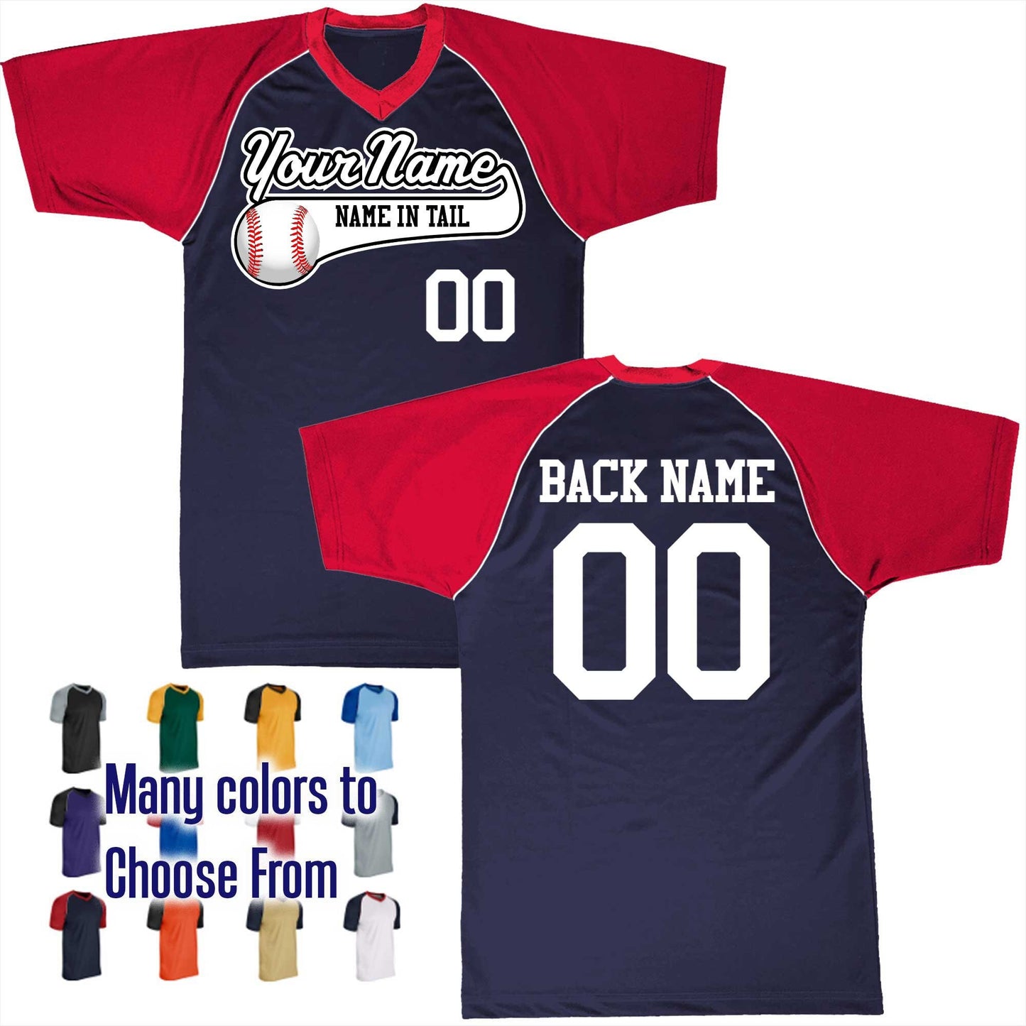 Name in Tail Color Baseball Text Logo V-Neck Custom Baseball Jersey Customized, Player Names and Numbers, Economical Printed in USA