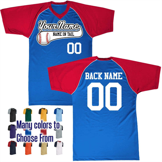 Name in Tail Color Baseball Text Logo V-Neck Custom Baseball Jersey Customized, Player Names and Numbers, Economical Printed in USA