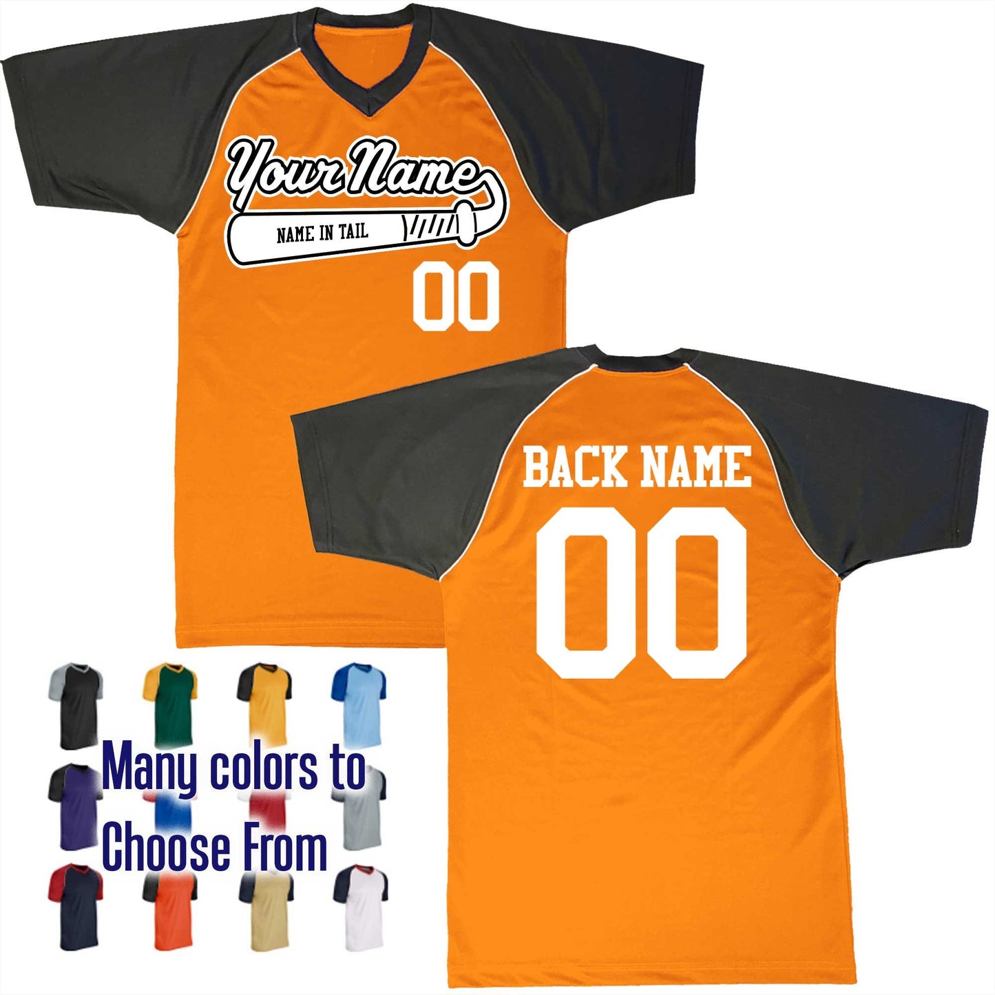 Name in Tail Baseball Bat Logo V-Neck Custom Baseball Jersey Customized, Player Names and Numbers, Economical Printed in USA