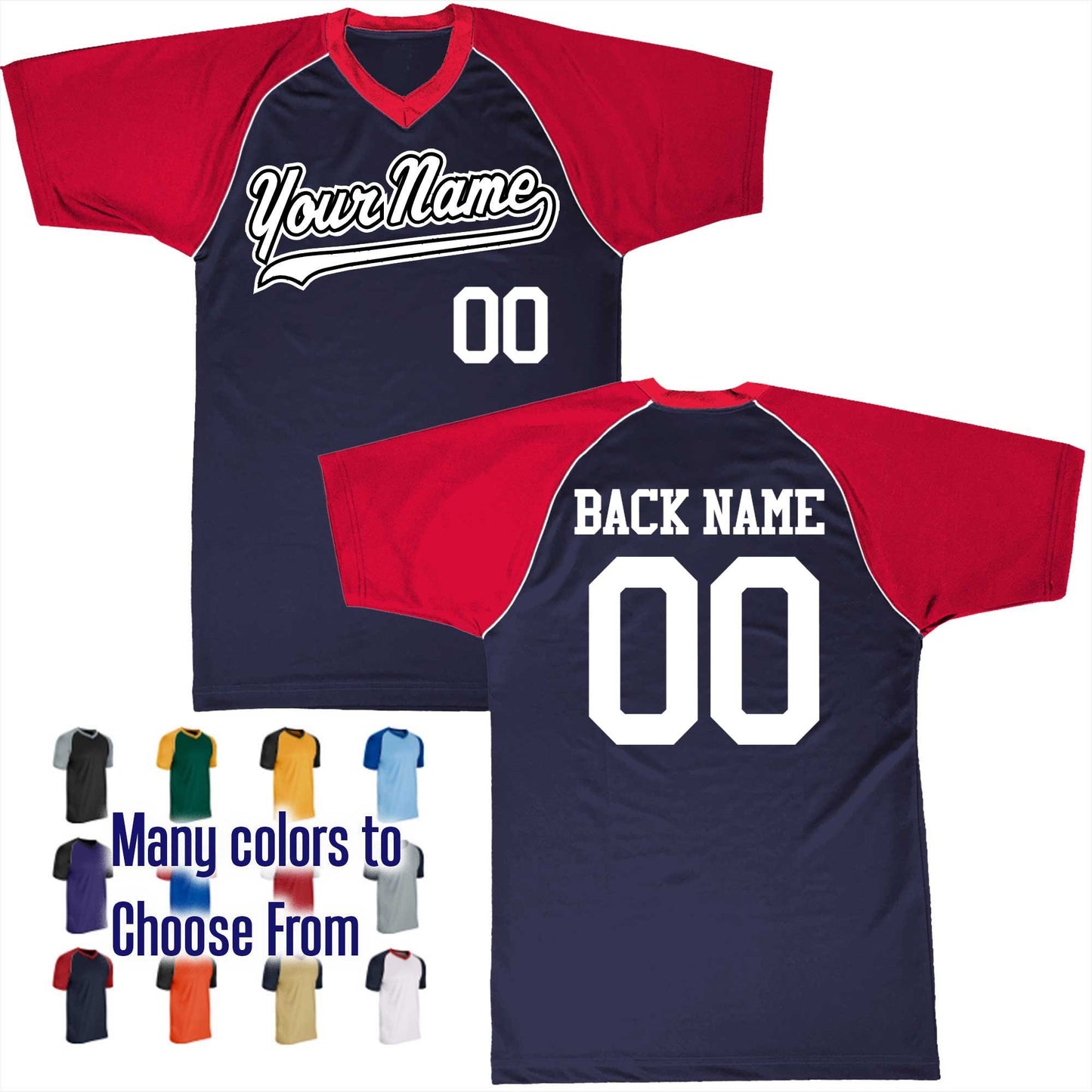 Baseball Script Thin Tail Baseball Logo V-Neck Custom Baseball Jersey Customized, Player Names and Numbers, Economical Printed in USA