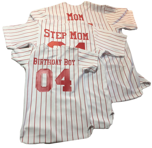 DIY Birthday Boy, Mom, Step Mom, Custom Pinstriped Baseball Jersey| Full Button Down, White with Scarlet Red Pinstripes Personalized Jersey