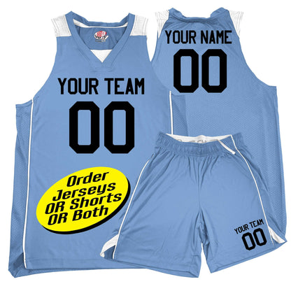 Custom Basketball Uniforms, Piping Sides, Mesh Back, Contrast Shoulders | Mix and Match Jerseys and Shorts. Printed and Shipped from USA