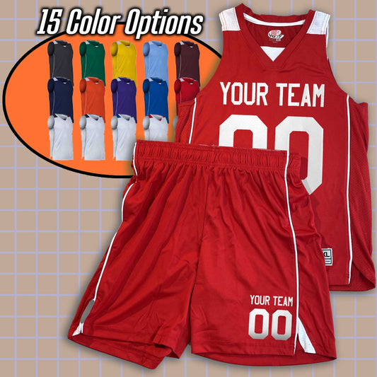 Custom Basketball Uniforms, Piping Sides, Mesh Back, Contrast Shoulders | Mix and Match Jerseys and Shorts. Printed and Shipped from USA