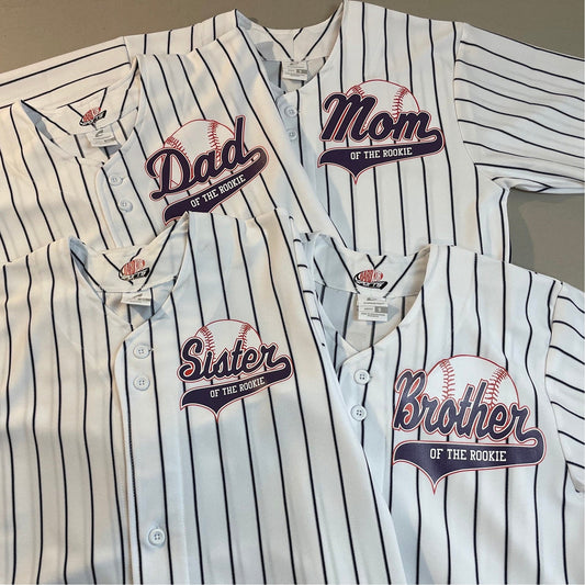 Custom Mom of the Rookie Pinstriped Real Baseball Jersey| Full Button Down, Pro Material White or Grey with Black, Navy or Red Pinstripes