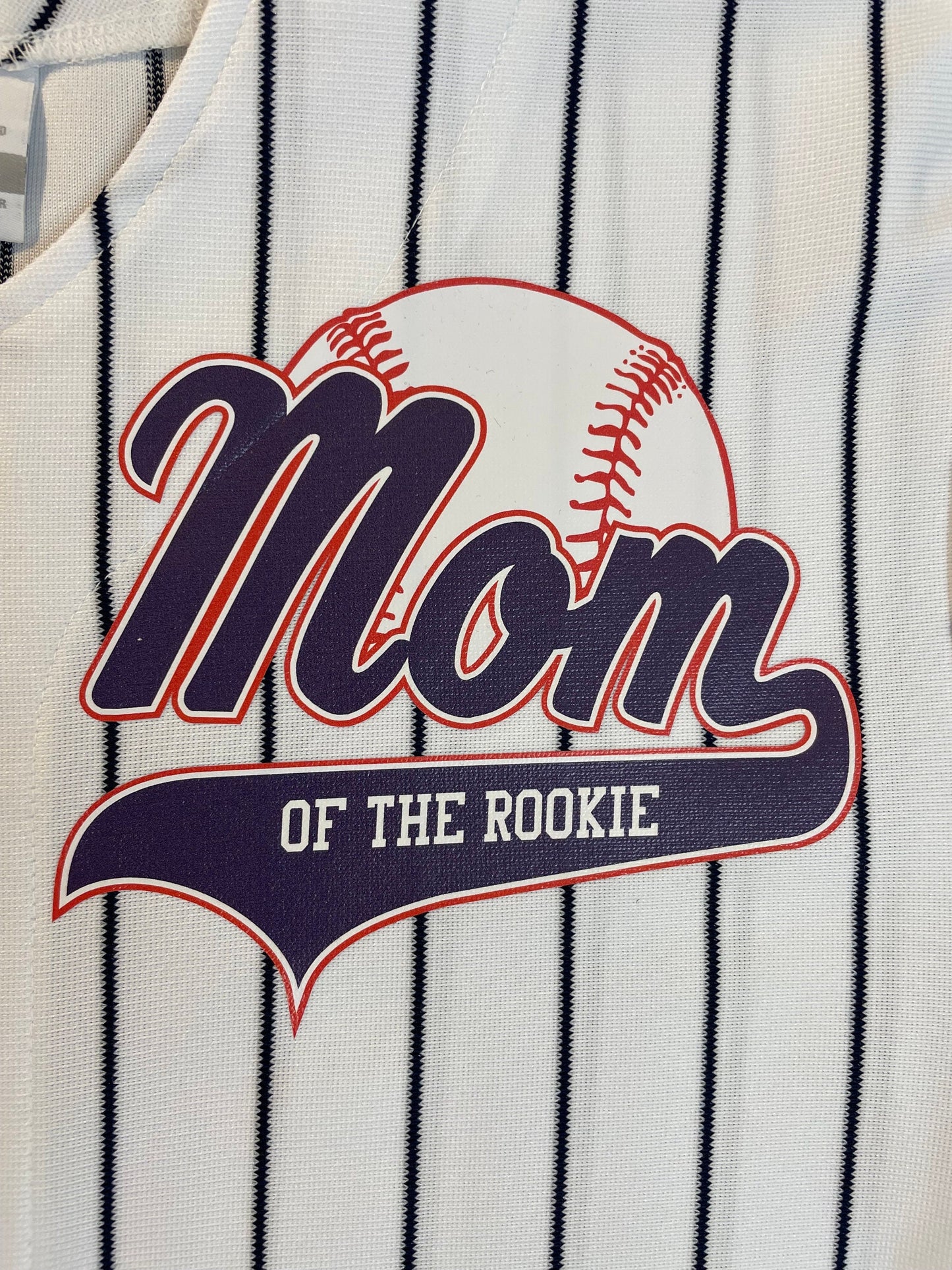 Custom Mom of the Rookie Pinstriped Real Baseball Jersey| Full Button Down, Pro Material White or Grey with Black, Navy or Red Pinstripes