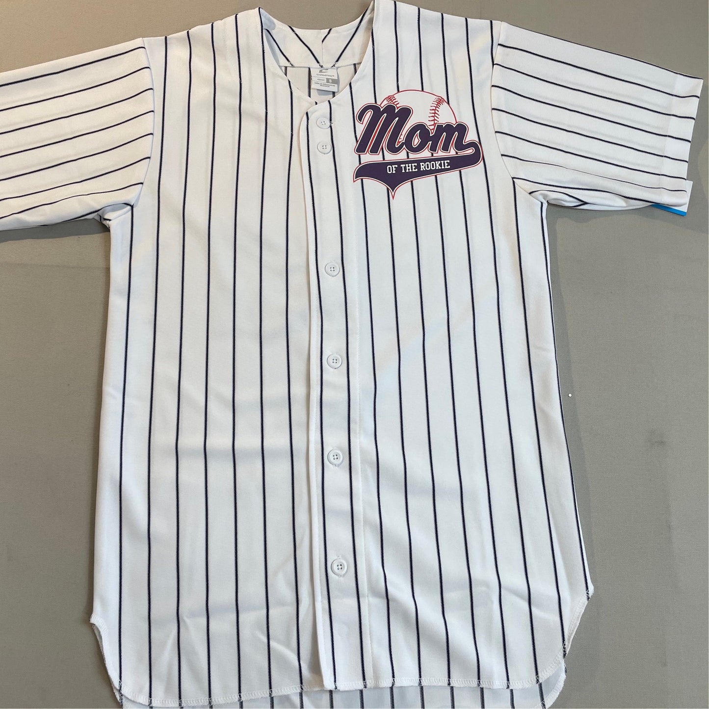 Custom Mom of the Rookie Pinstriped Real Baseball Jersey| Full Button Down, Pro Material White or Grey with Black, Navy or Red Pinstripes