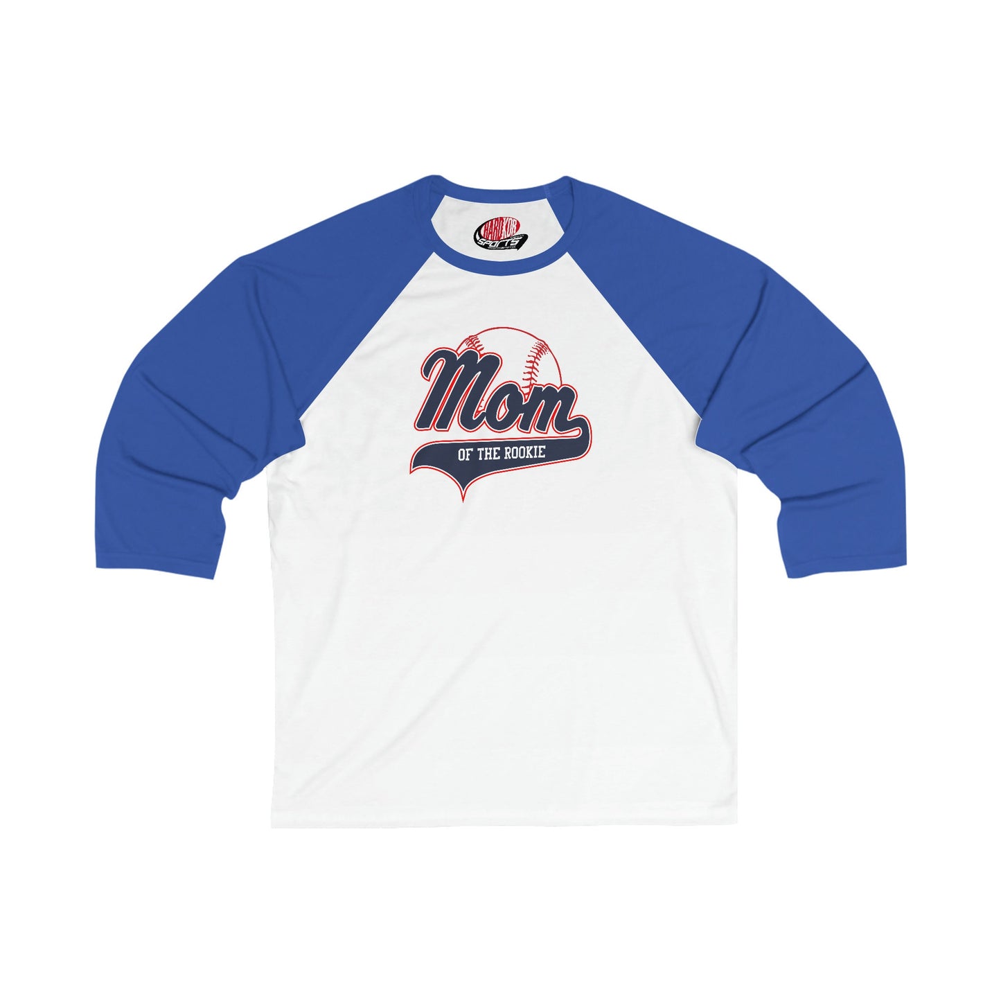 Mom of the Rookie, Slim Fit Unisex 3/4 Sleeve Baseball Tee, Customizable Baseball Shirt, Colorblock Raglan Sleeve, Your Name Number on back