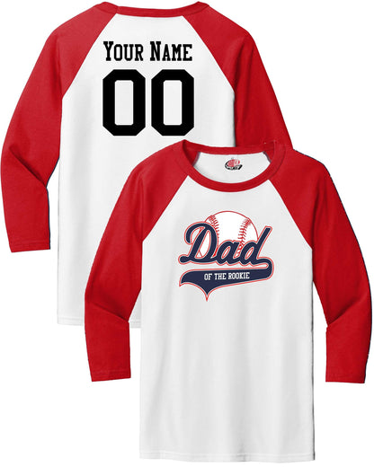 Dad of the Rookie, Men's fitted 3/4 Sleeve Baseball Tee, Customizable Baseball Shirt, Colorblock Raglan Sleeve, Your Name Number on back