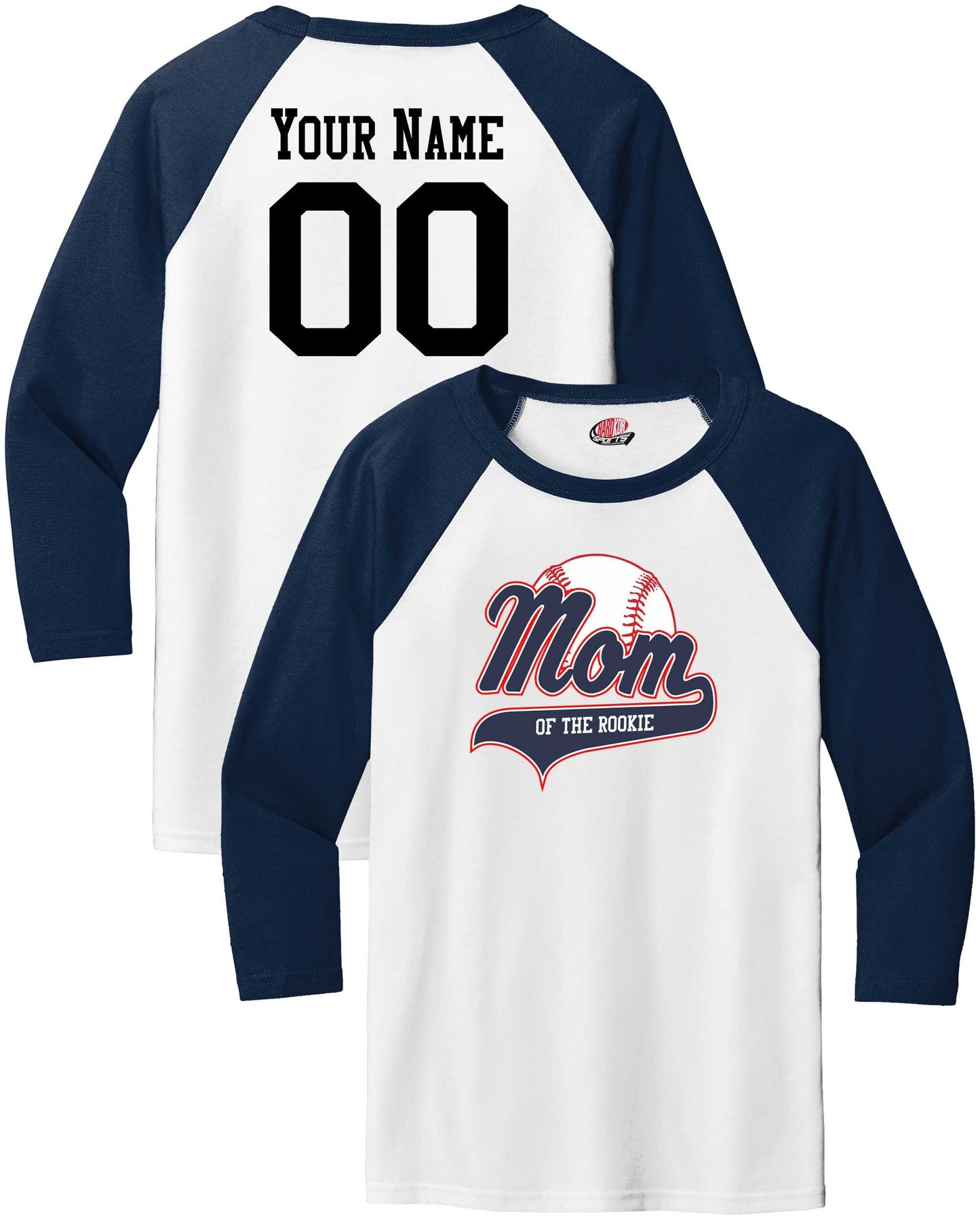 Mom of the Rookie, Slim Fit Unisex 3/4 Sleeve Baseball Tee, Customizable Baseball Shirt, Colorblock Raglan Sleeve, Your Name Number on back