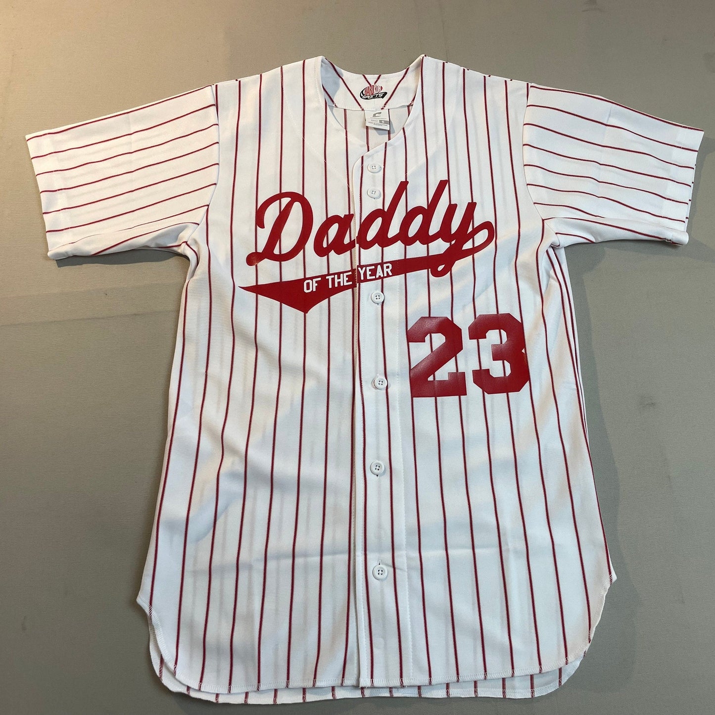 Custom Daddy of the Year Authentic Pro Weight Knitted in Pinstriped Baseball Jersey Gift for Dad, customized with your year, choice of names