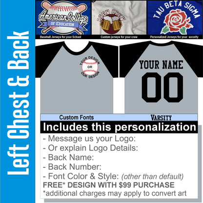 100% Cotton Baseball T, Personalized 3/4 Sleeve, Raglan cut, Baseball Henley T-Shirt