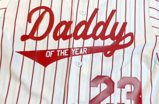 Custom Daddy of the Year Authentic Pro Weight Knitted in Pinstriped Baseball Jersey Gift for Dad, customized with your year, choice of names