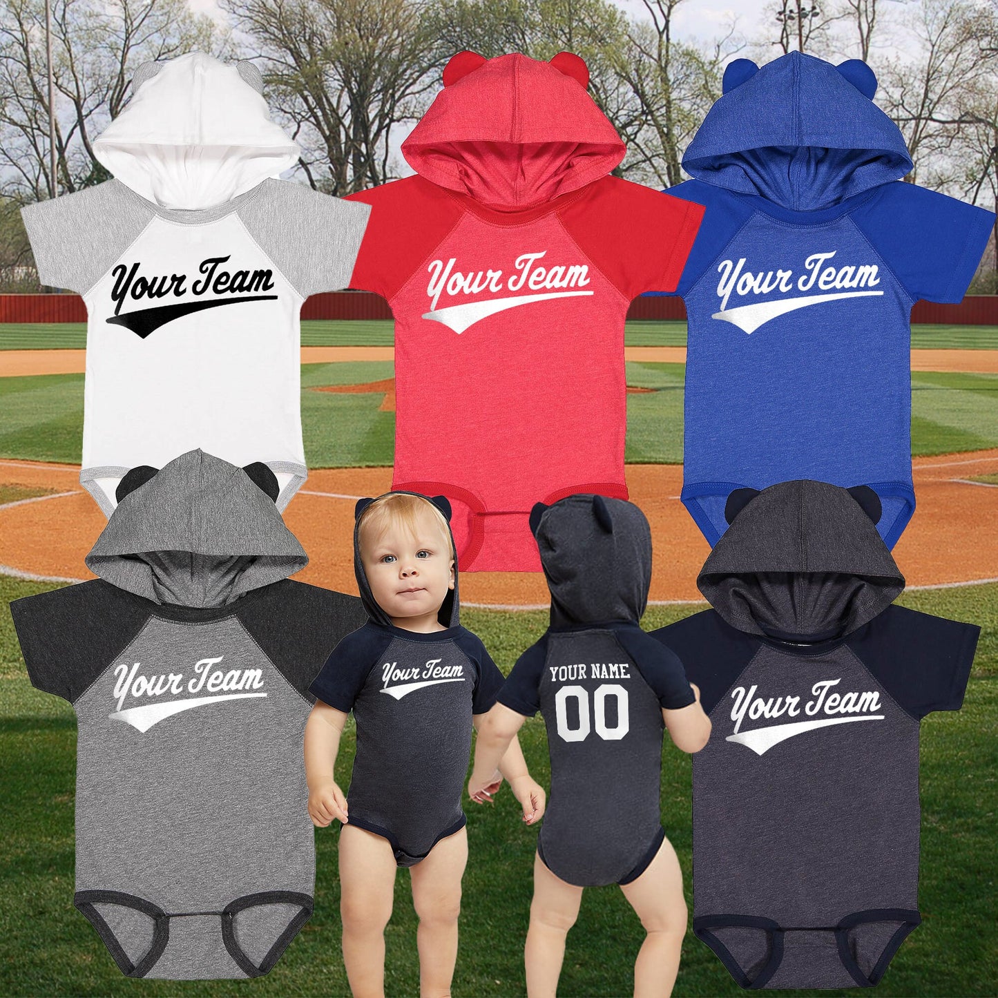 Custom baseball infant hooded bodysuit, fun adorable ears, classic color block, set in sleeves, personalized with your names and numbers