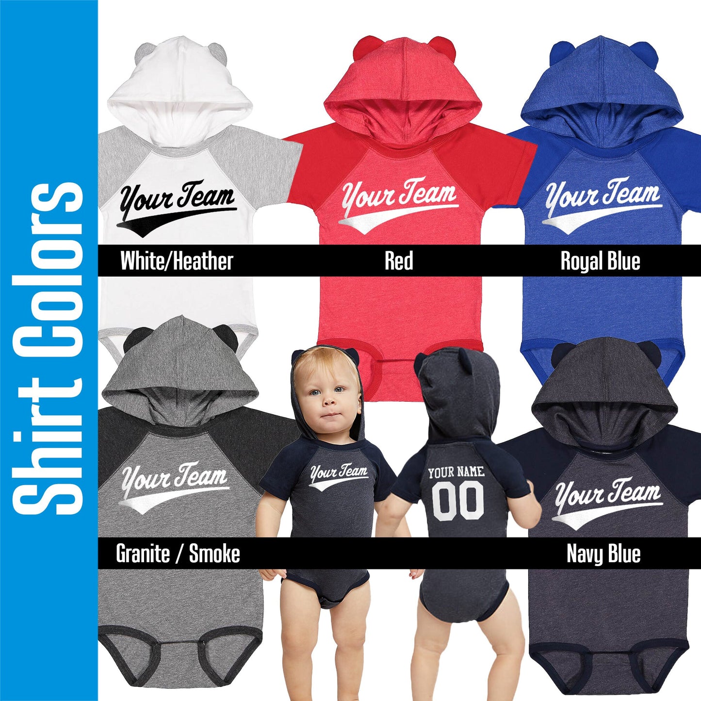 Custom baseball infant hooded bodysuit, fun adorable ears, classic color block, set in sleeves, personalized with your names and numbers