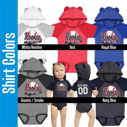 Rookie of the Year Custom baseball infant hooded bodysuit, fun adorable ears, classic color block, setin sleeves, personalized numbers names