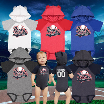 Rookie of the Year Custom baseball infant hooded bodysuit, fun adorable ears, classic color block, setin sleeves, personalized numbers names