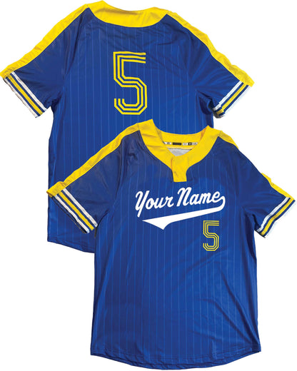 Custom Pinstripe Baseball Jersey: Two-Button, Short Sleeve, Team Logo