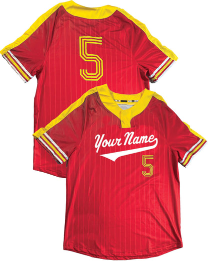 Custom Pinstripe Baseball Jersey: Two-Button, Short Sleeve, Team Logo