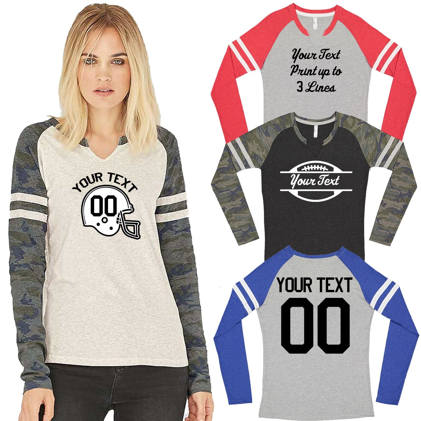 Women's custom football long sleeve t-shirt, Choose your design and budget. Comfortably Soft, casual fit, Football Design, Names and Numbers