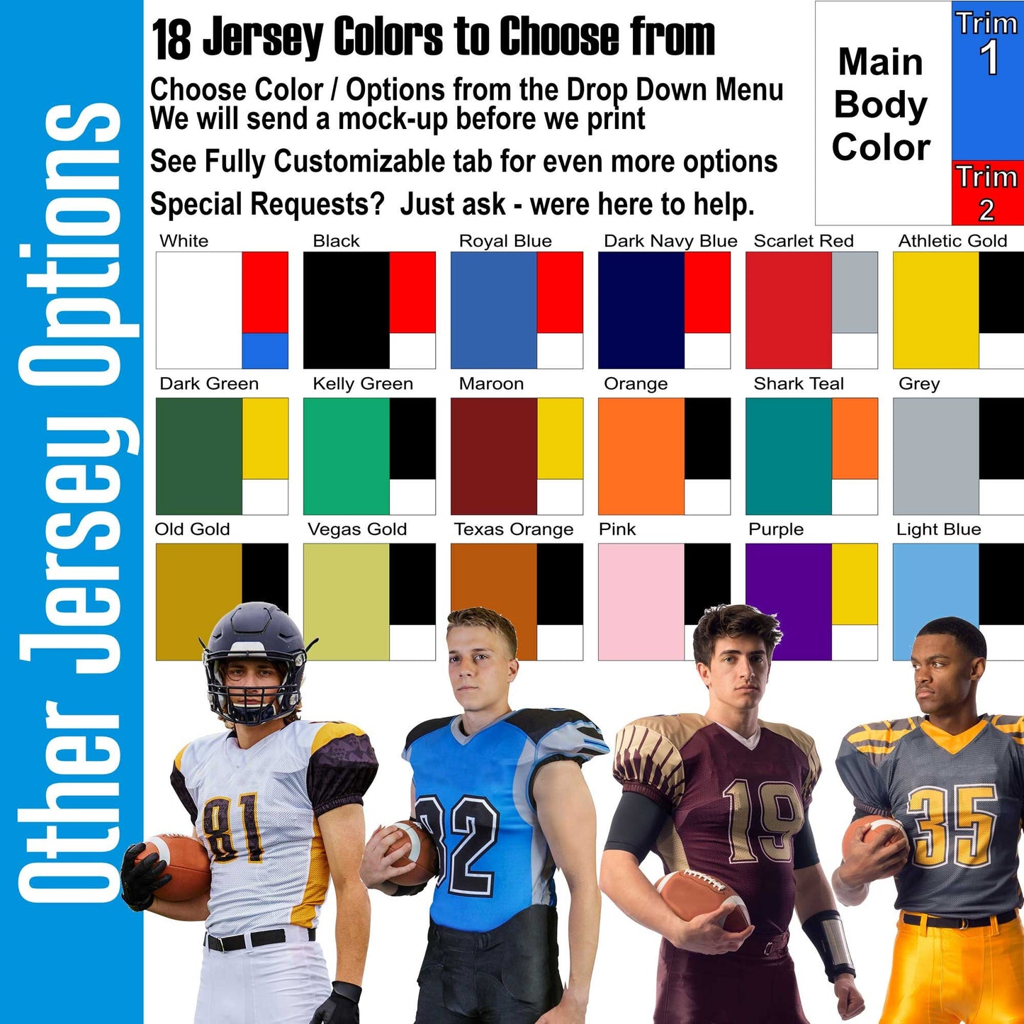Two Tone Pro Style Mesh Custom Football Jersey, Dazzle Sleeves and Shoulder, Design yourself, Logos, Names, Numbers, Fully customizable