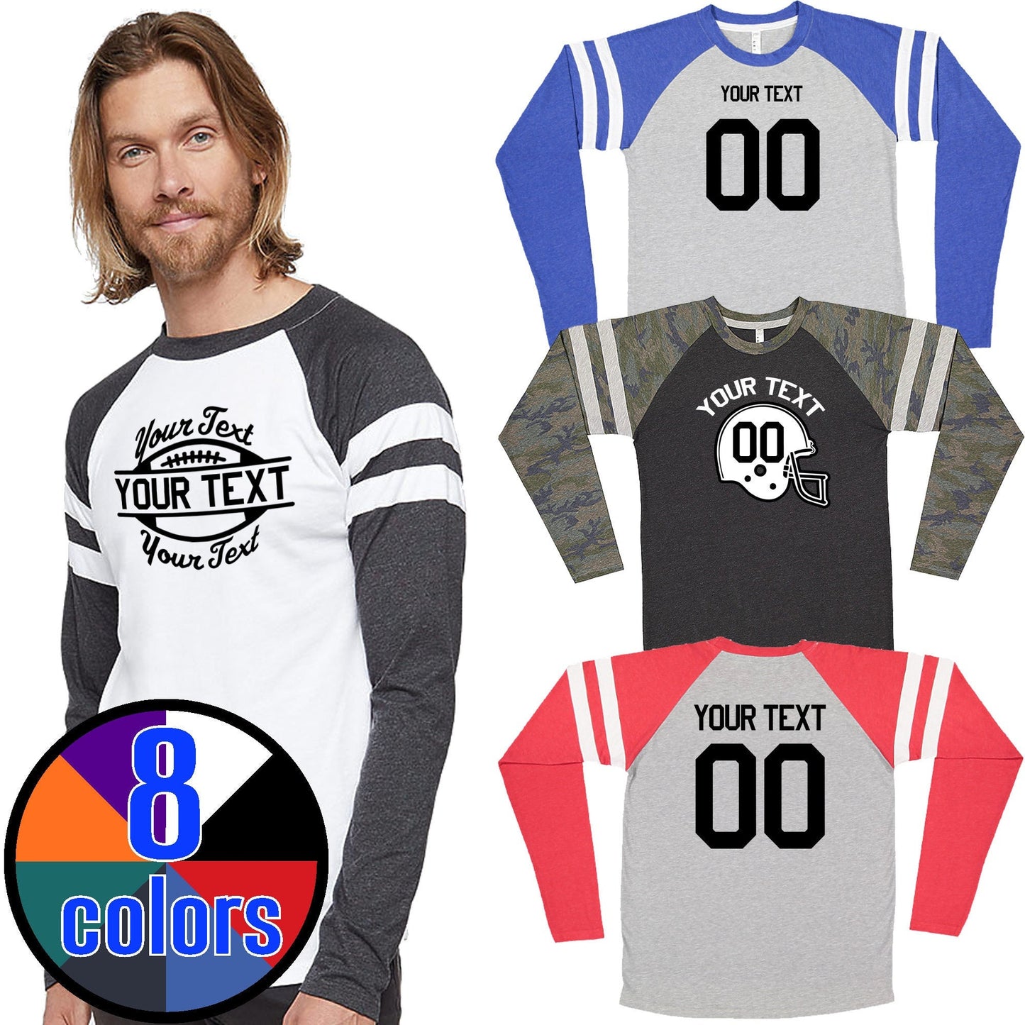 Men's custom football long sleeve t-shirt, Choose your design and budget. Comfortably Soft, casual fit, Football Design, Names and Numbers