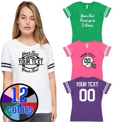 A dozen Fun, Flirty Female Football T-shirt colors, Customized with festive designs, make a fantastic gift for your football fanatic