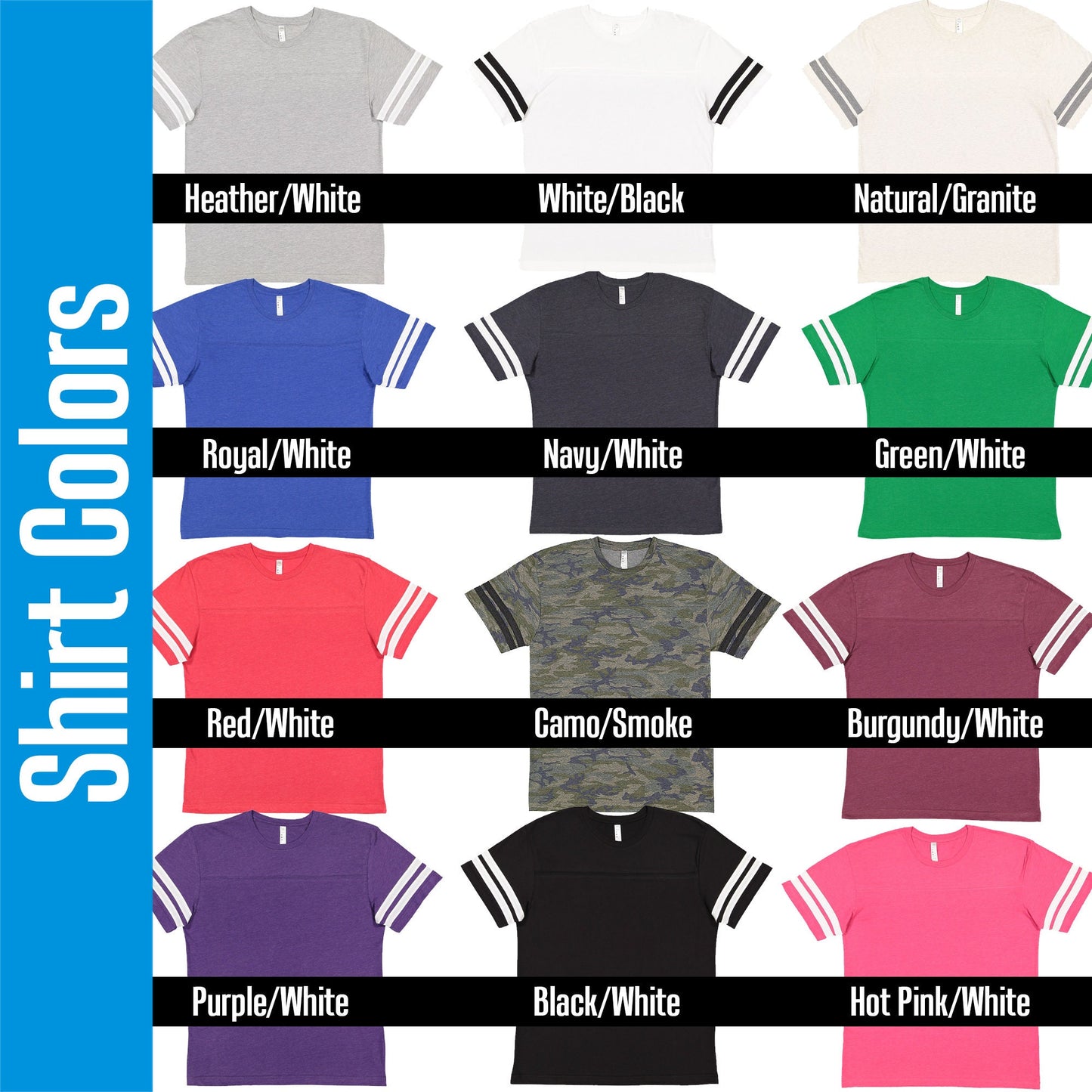 A dozen Fun, Flirty Female Football T-shirt colors, Customized with festive designs, make a fantastic gift for your football fanatic