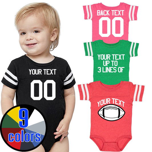 Custom football one piece bodysuits for infant, baby shower, first birthdays newborn up to 24 months, Toddler, cute designs personalized