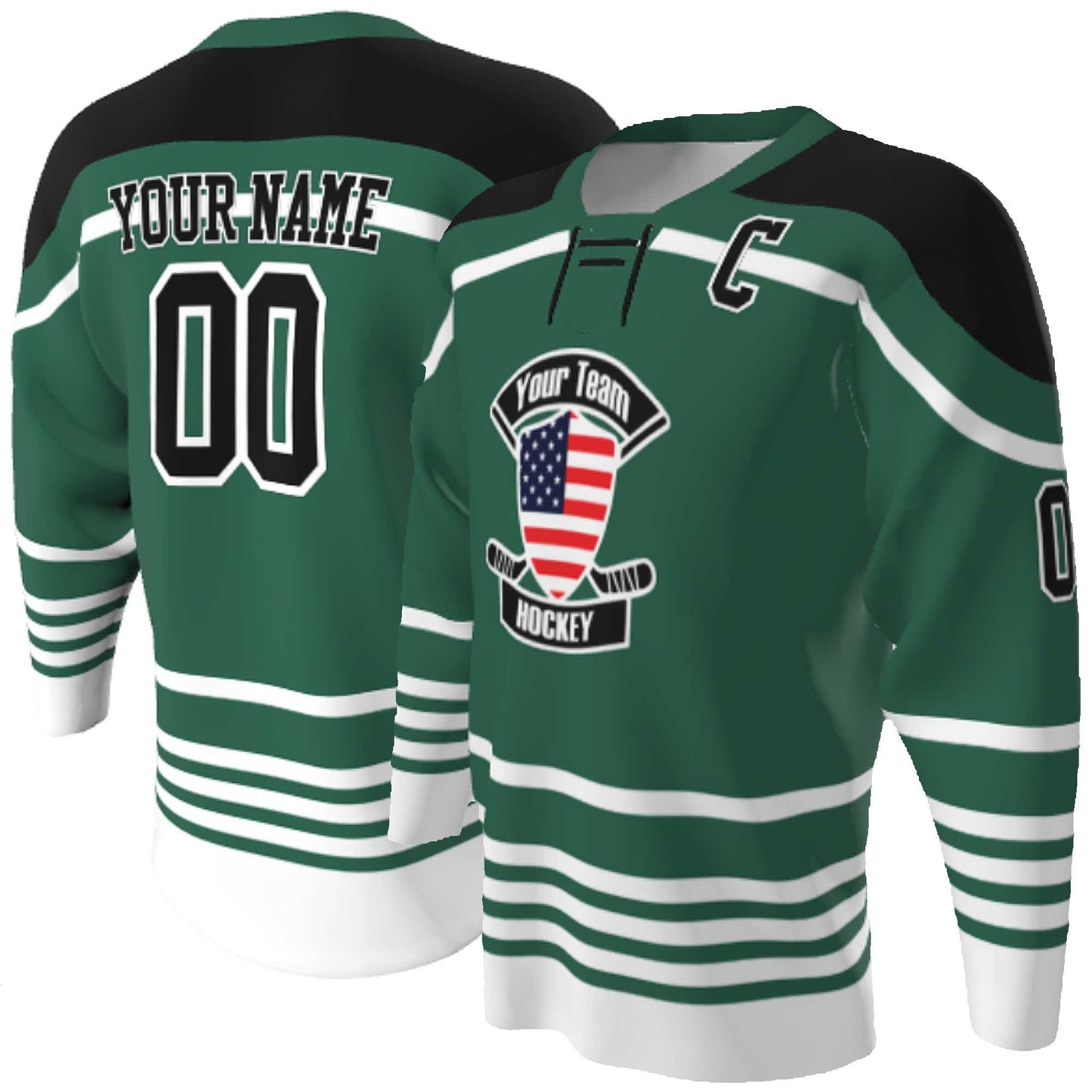 Lace up Neck Custom Hockey Jerseys - USA Shield Your Team Hockey Design, Multi stripe, Player Name and Numbers, Birds Eye Mesh, Sublimated
