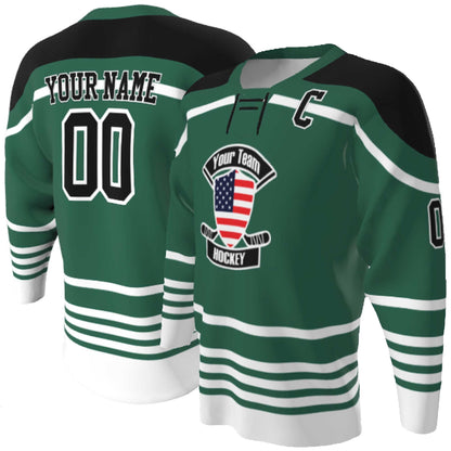 Lace up Neck Custom Hockey Jerseys - USA Shield Your Team Hockey Design, Multi stripe, Player Name and Numbers, Birds Eye Mesh, Sublimated
