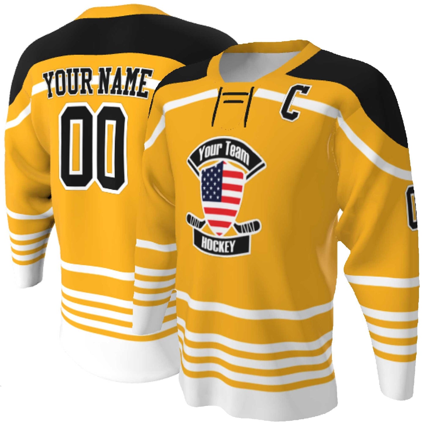 Lace up Neck Custom Hockey Jerseys - USA Shield Your Team Hockey Design, Multi stripe, Player Name and Numbers, Birds Eye Mesh, Sublimated