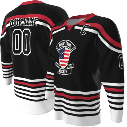 Lace up Neck Custom Hockey Jerseys - USA Shield Your Team Hockey Design, Multi stripe, Player Name and Numbers, Birds Eye Mesh, Sublimated