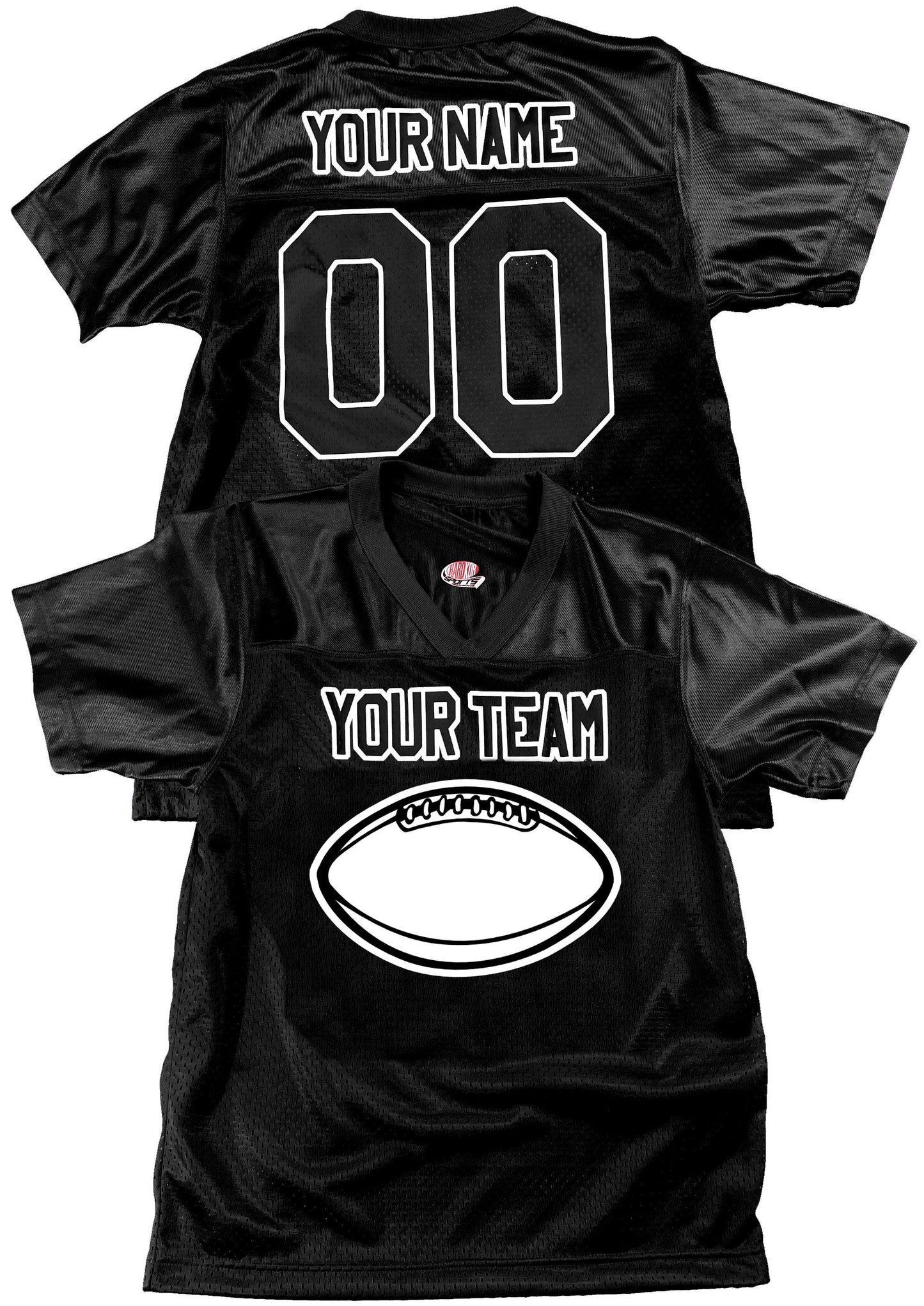 Black Custom Football Jersey, customized with Names and Numbers 1 Color, 2 Color, Football Art or Sleeve Numbers, 18 Vinyl Print Colors