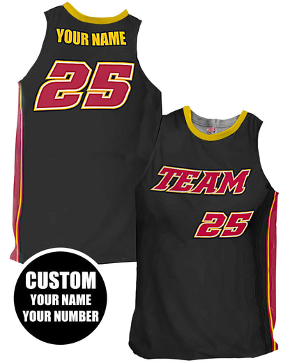 Custom Basketball Jersey: Black, Scarlet Red & Gold, Sky High Design