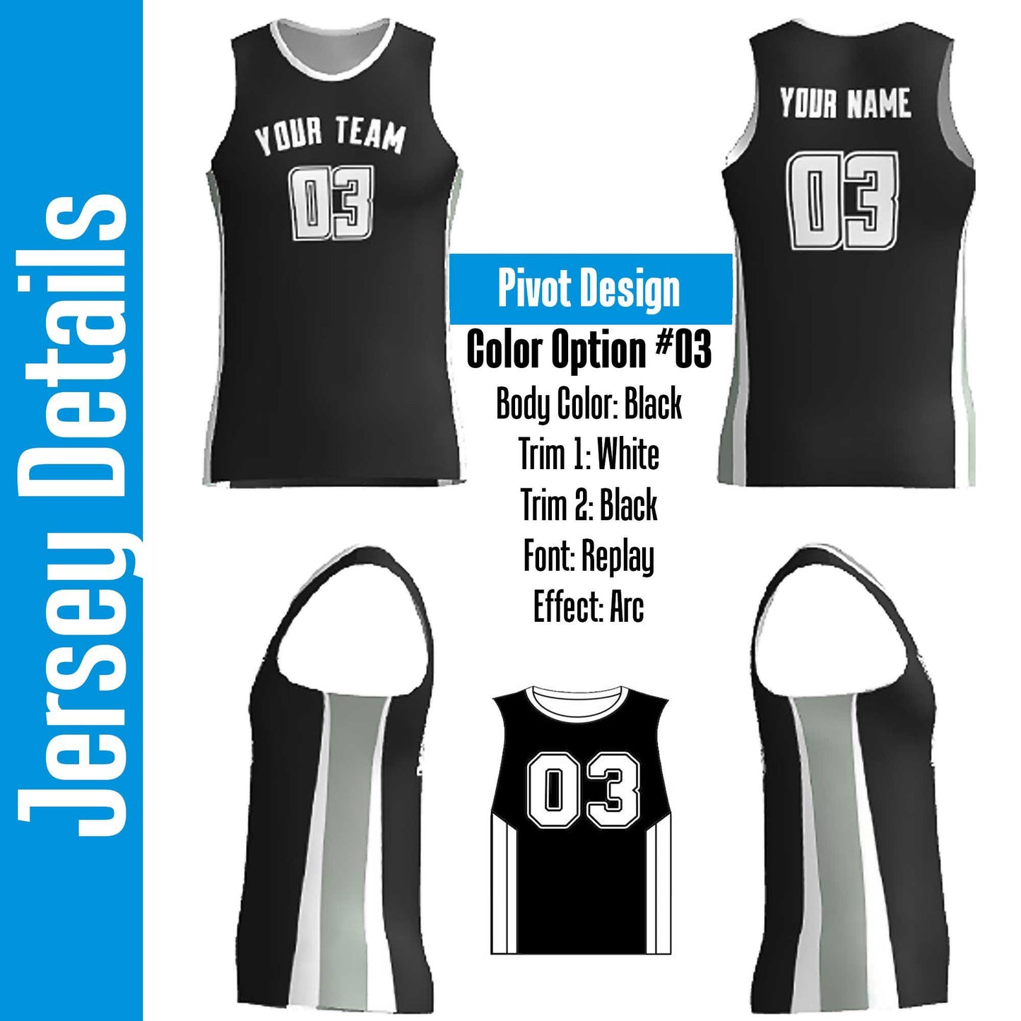 Black and White Custom Basketball Jersey with Team Name in an Arc above a Larger Number. Numbers are white with black and white outlines