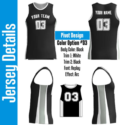 Black and White Custom Basketball Jersey with Team Name in an Arc above a Larger Number. Numbers are white with black and white outlines