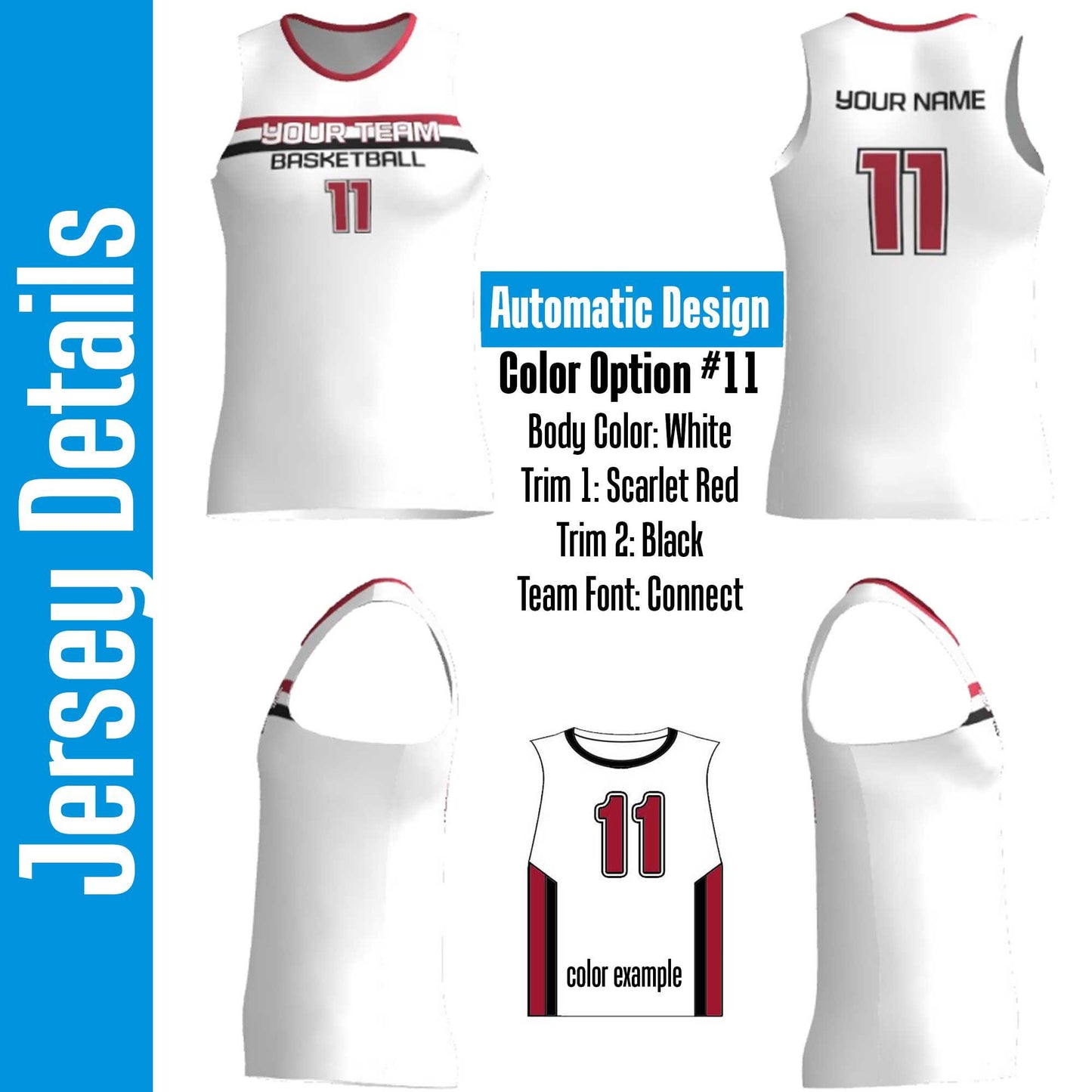 Personalized Sublimated Basketball Jersey: White, Scarlet Red & Black
