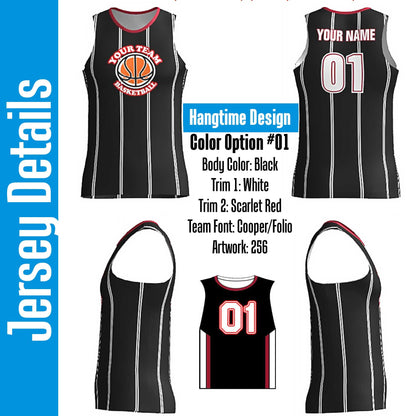 Custom Pinstripe Basketball Jersey: Black & Scarlet Red, Personalized Team Uniform