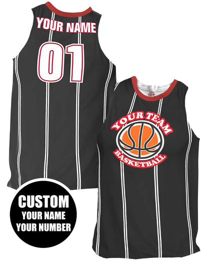 Custom Pinstripe Basketball Jersey: Black & Scarlet Red, Personalized Team Uniform
