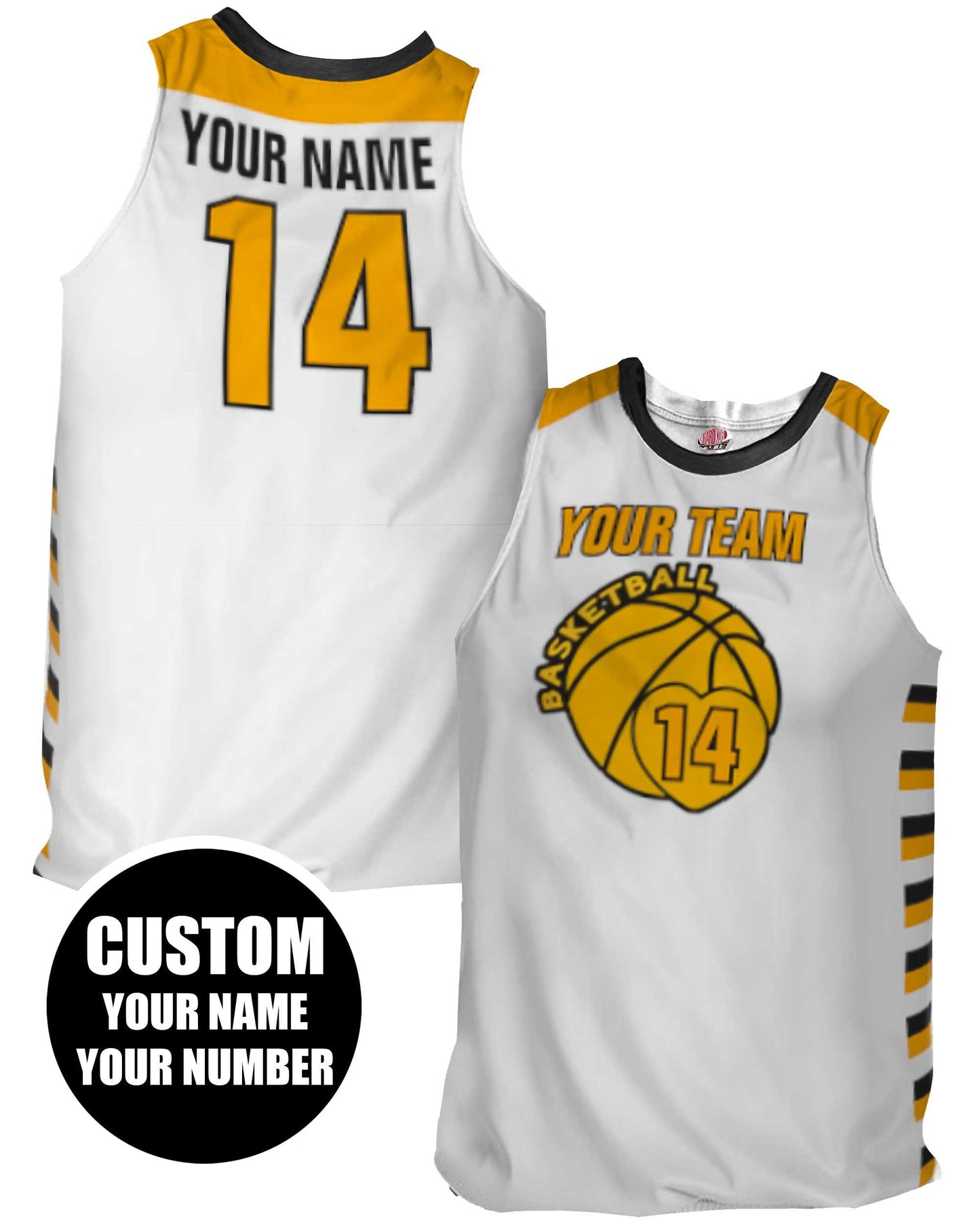 Custom Basketball Jersey: White, Gold & Black Trim, Personalized Number