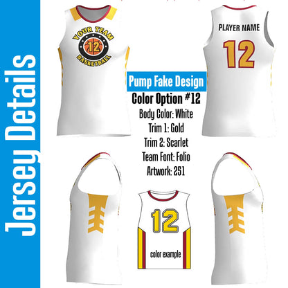 Custom White Basketball Jersey: Gold & Red Trim, Personalized Team Design