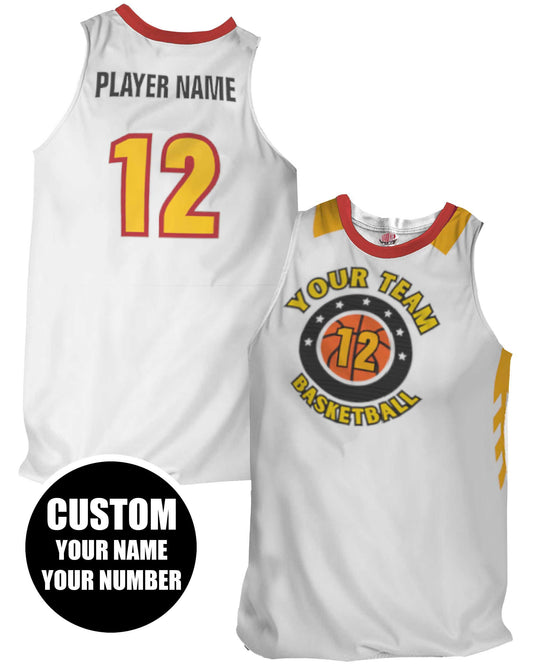 Custom White Basketball Jersey: Gold & Red Trim, Personalized Team Design