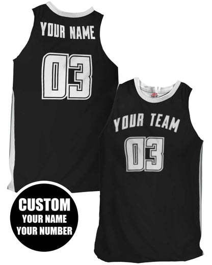 Black and White Custom Basketball Jersey with Team Name in an Arc above a Larger Number. Numbers are white with black and white outlines