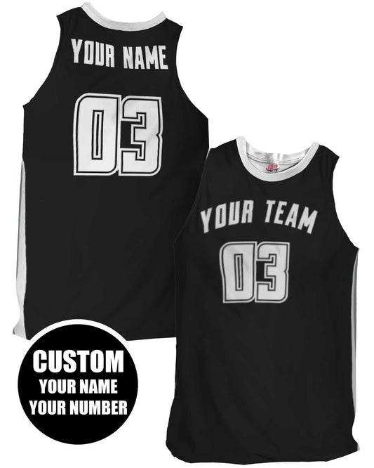 Black and White Custom Basketball Jersey with Team Name in an Arc above a Larger Number. Numbers are white with black and white outlines