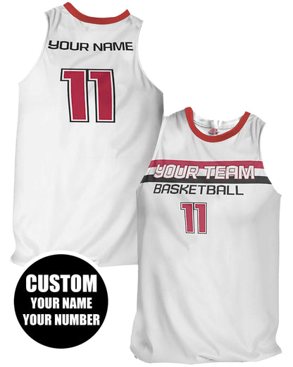 Personalized Sublimated Basketball Jersey: White, Scarlet Red & Black